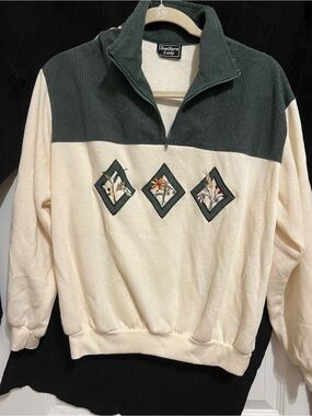 Southern Lady Cream and Dark Green Half-Zip Sweater with Embroidered Diamonds